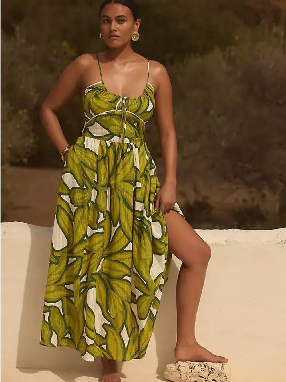 Leaf-Print Olive Green Maxi Dress with Spaghetti Straps